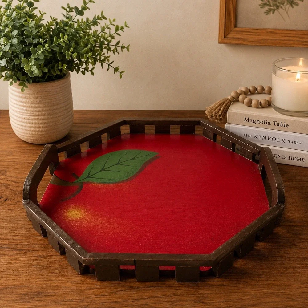 Vintage Red Apple Hand Painted Wooden Serving Tray Cottagecore Philippines Made